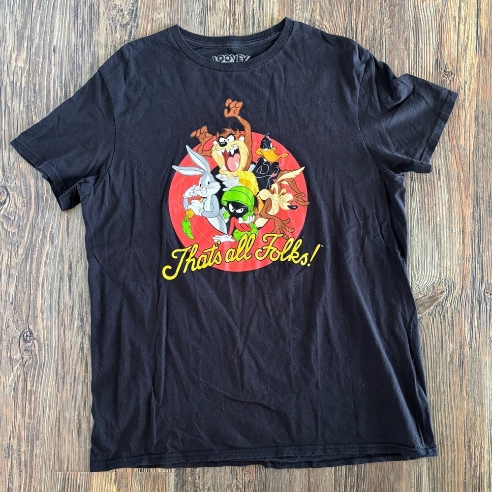 Looney Tunes Black Graphic Character T-Shirt Large “That’s All Folks” Bugs Taz